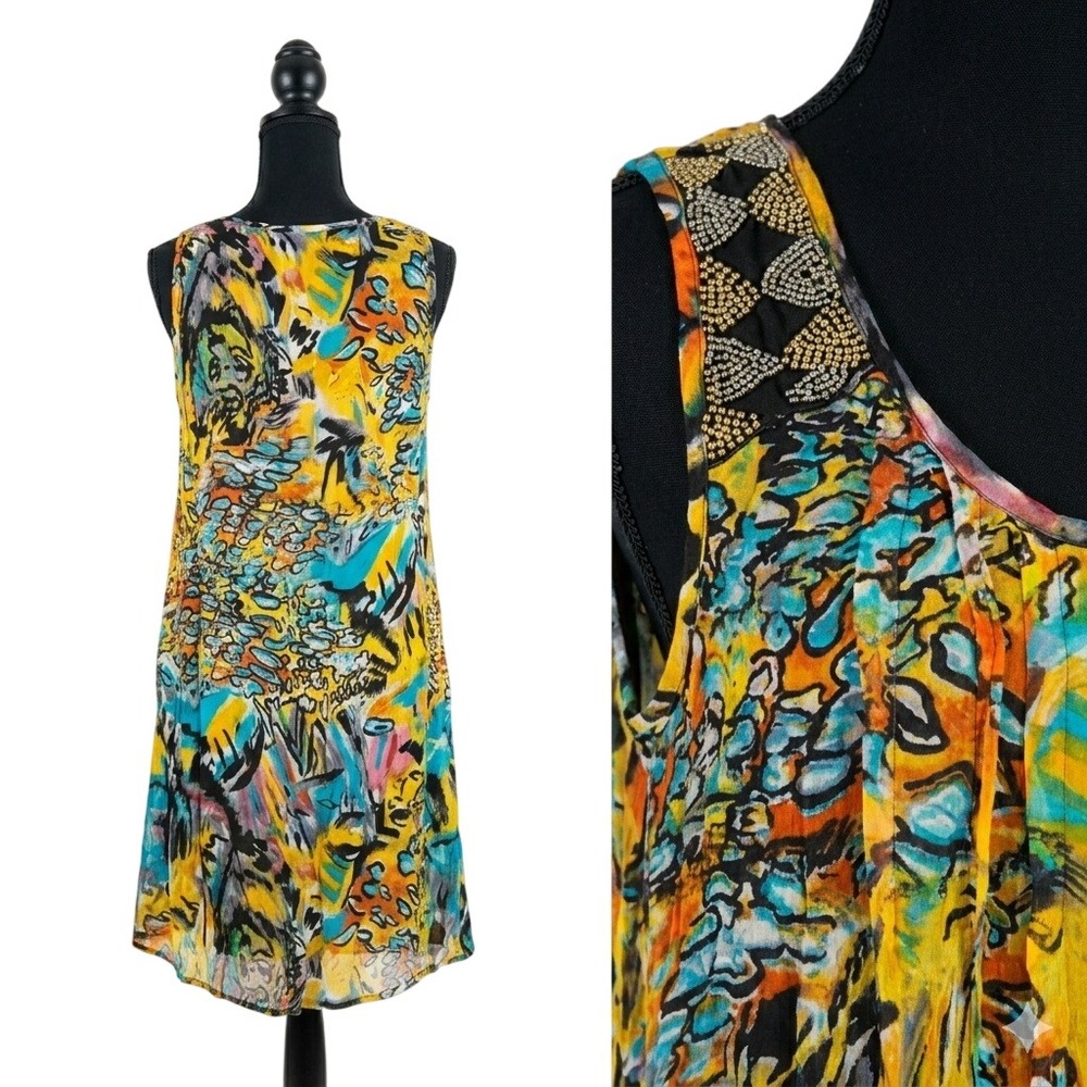 ALBERTO MAKALI Beaded Shoulder Abstract Shift Dress Silk-Feel Medium NWT $250 - Picture 3 of 7